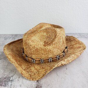 Vintage Straw Hat Cowboy Cowgirl Western Bohemian Unisex size M Resort Beaded